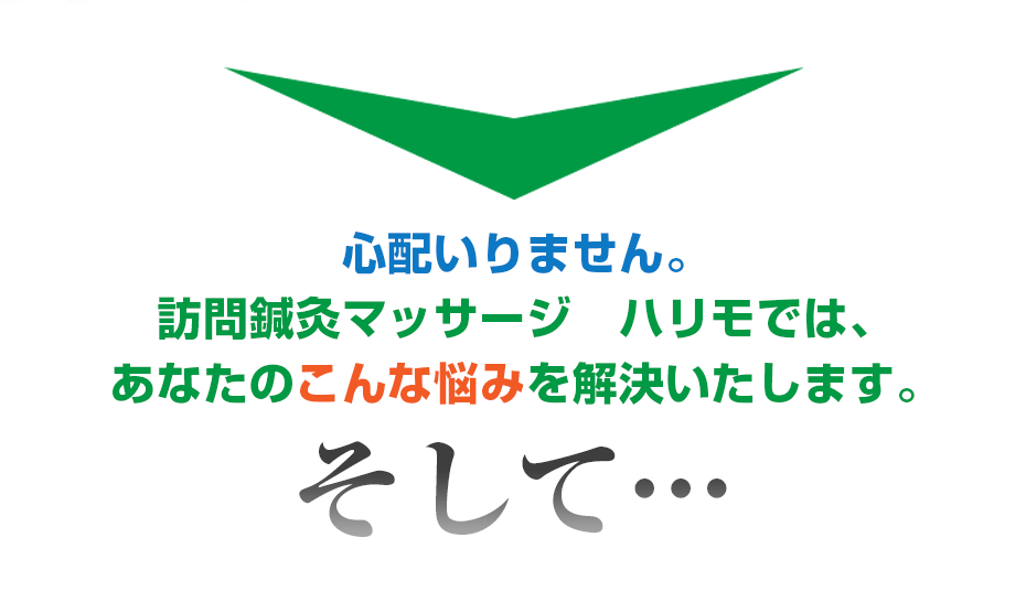 心配いりません。訪問鍼灸マッサージ　ハリモ  では、あなたのこんな悩みを解決いたします。そして・・・