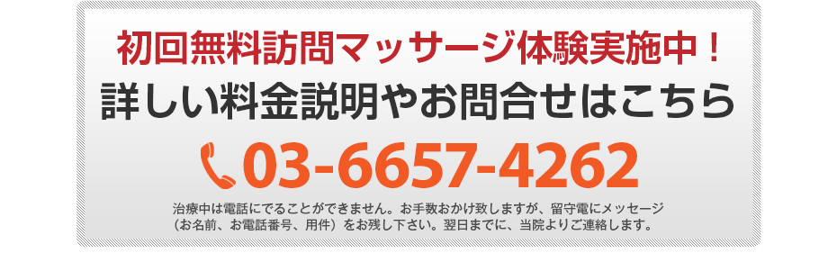 初回無料体験施術実施中!詳しい料金説明やお問合せはこちら 03-6657-4262 電話・FAX共通06-7492-0729